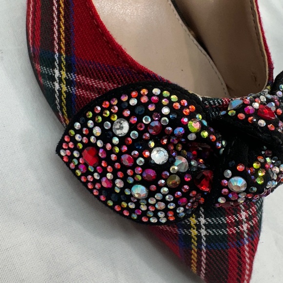Betsey Johnson Red Tartan Plaid Lexie Kitten Heels Rhinestone Bows Shoes Sz 6m - Picture 12 of 13